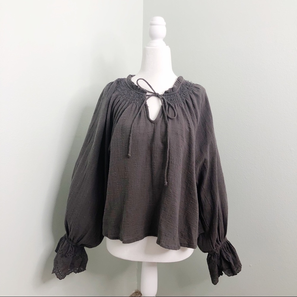 Olivaceous Peasant Bubble Sleeve Blouse Eyelet Lace Cuff